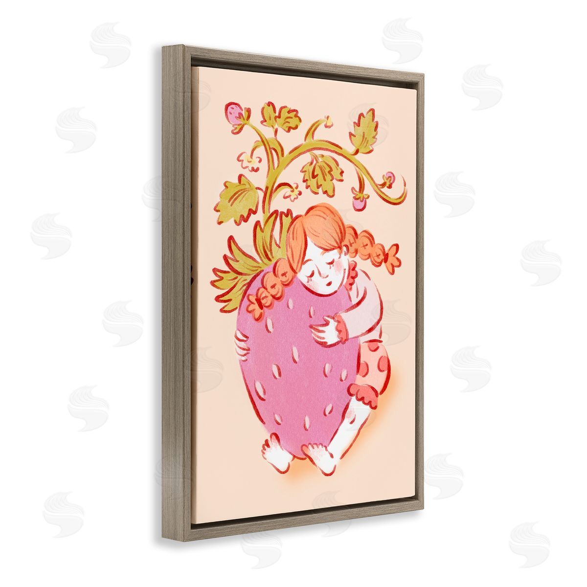 Girl Hugging Strawberry Brown Floating Frame Canvas Wall Art, Home Decor by Hannah Moren