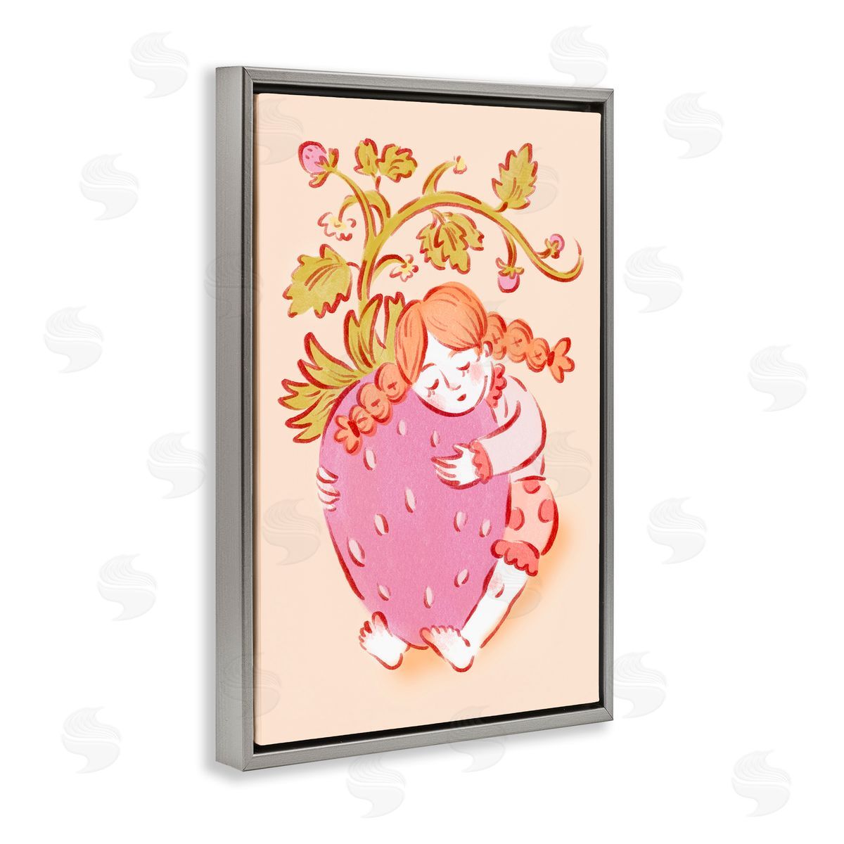Girl Hugging Strawberry Grey Floating Frame Canvas Wall Art, Home Decor by Hannah Moren