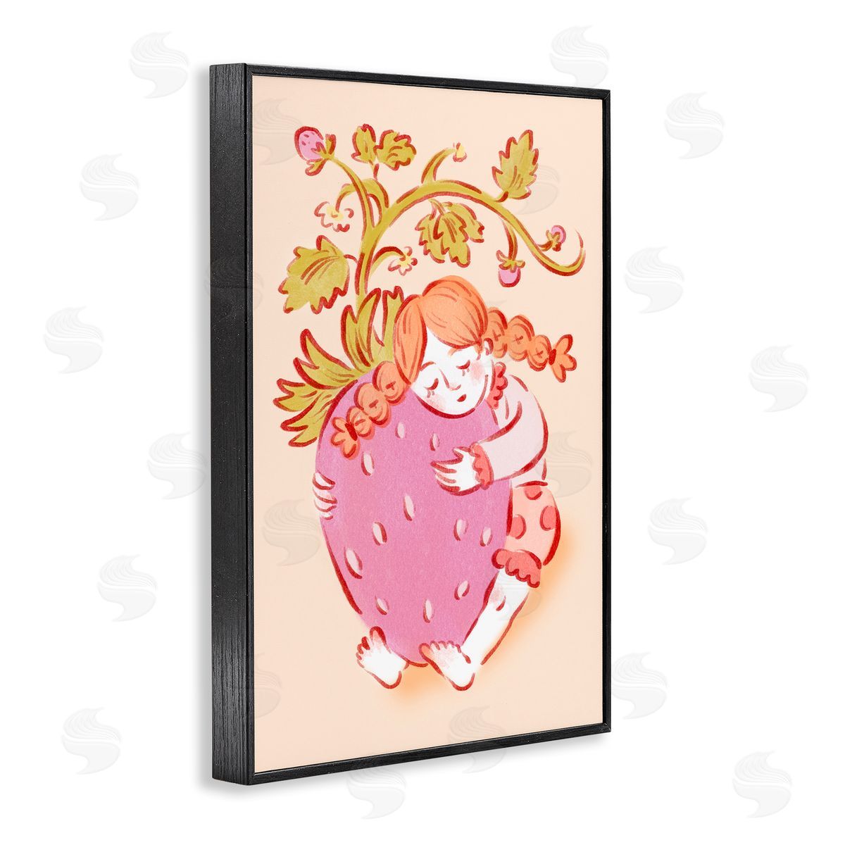 Girl Hugging Strawberry Black Frame Print Wall Art, Home Decor by Hannah Moren