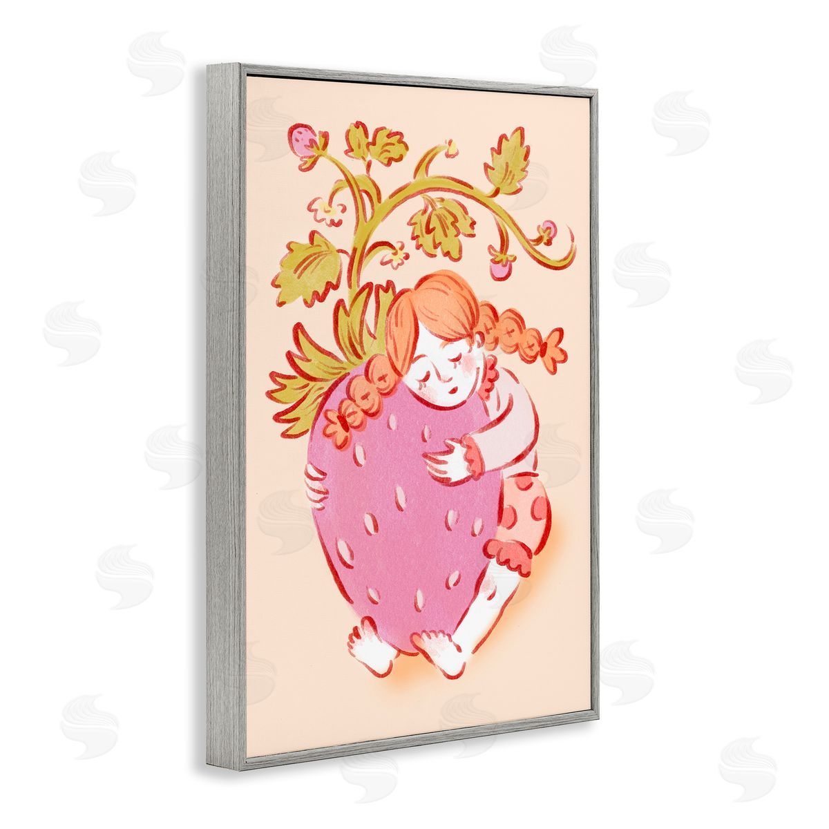 Girl Hugging Strawberry Grey Frame Print Wall Art, Home Decor by Hannah Moren