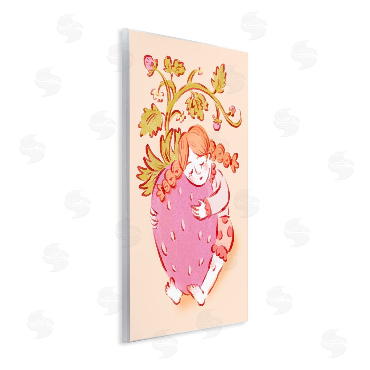 Girl Hugging Strawberry Wood Plaque Wall Art, Home Decor by Hannah Moren