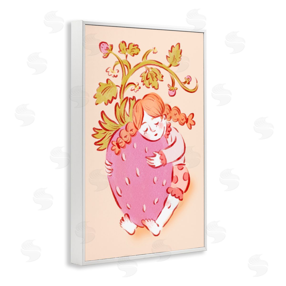 Girl Hugging Strawberry White Frame Print Wall Art, Home Decor by Hannah Moren