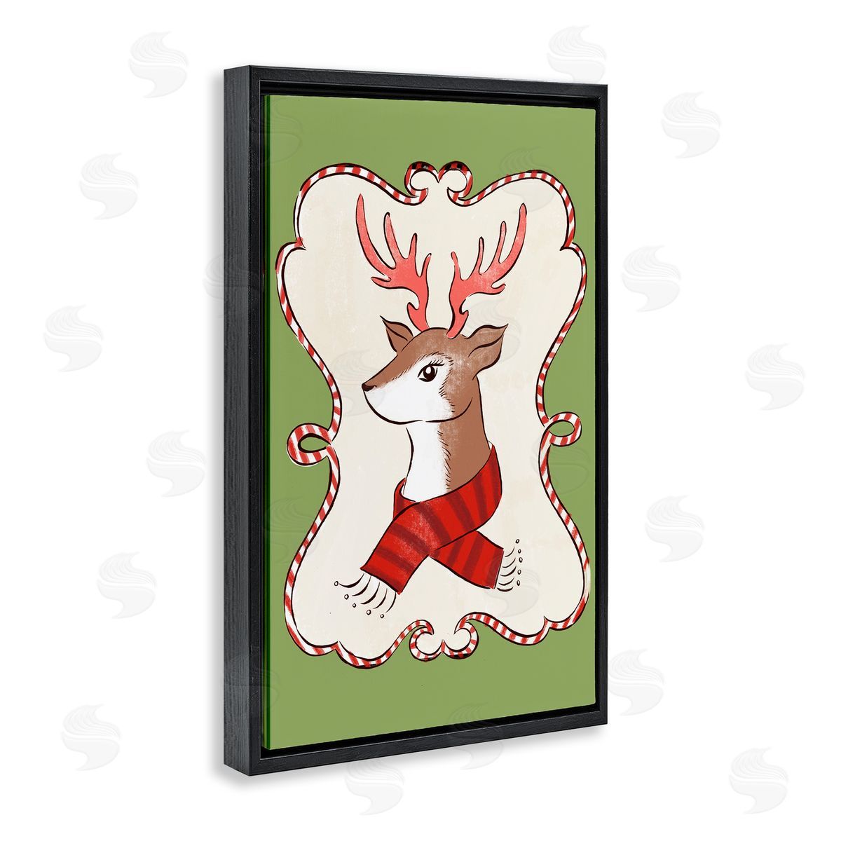 Festive Winter Deer in Scarf Black Floating Frame Canvas Wall Art, Home Decor by Hannah Moren