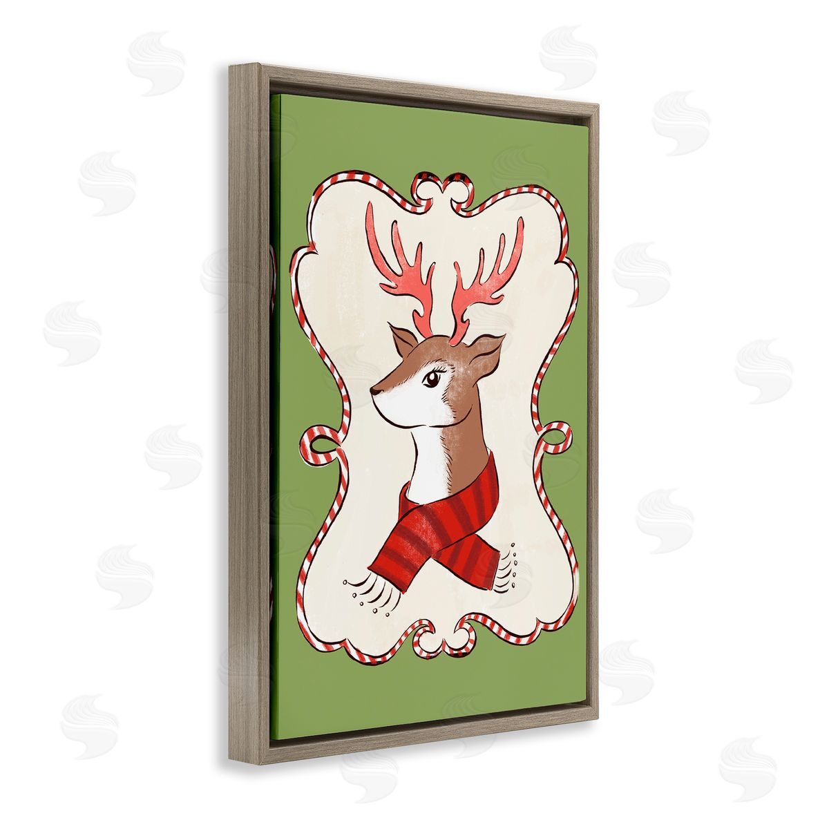 Festive Winter Deer in Scarf Brown Floating Frame Canvas Wall Art, Home Decor by Hannah Moren