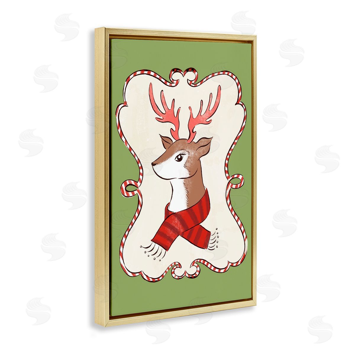 Festive Winter Deer in Scarf Gold Floating Frame Canvas Wall Art, Home Decor by Hannah Moren