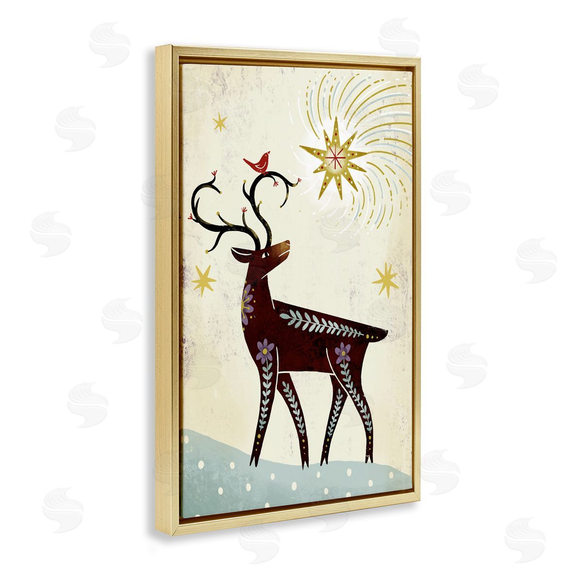 Rustic Winter Deer Gold Floating Frame Canvas Wall Art, Home Decor by Hannah Moren