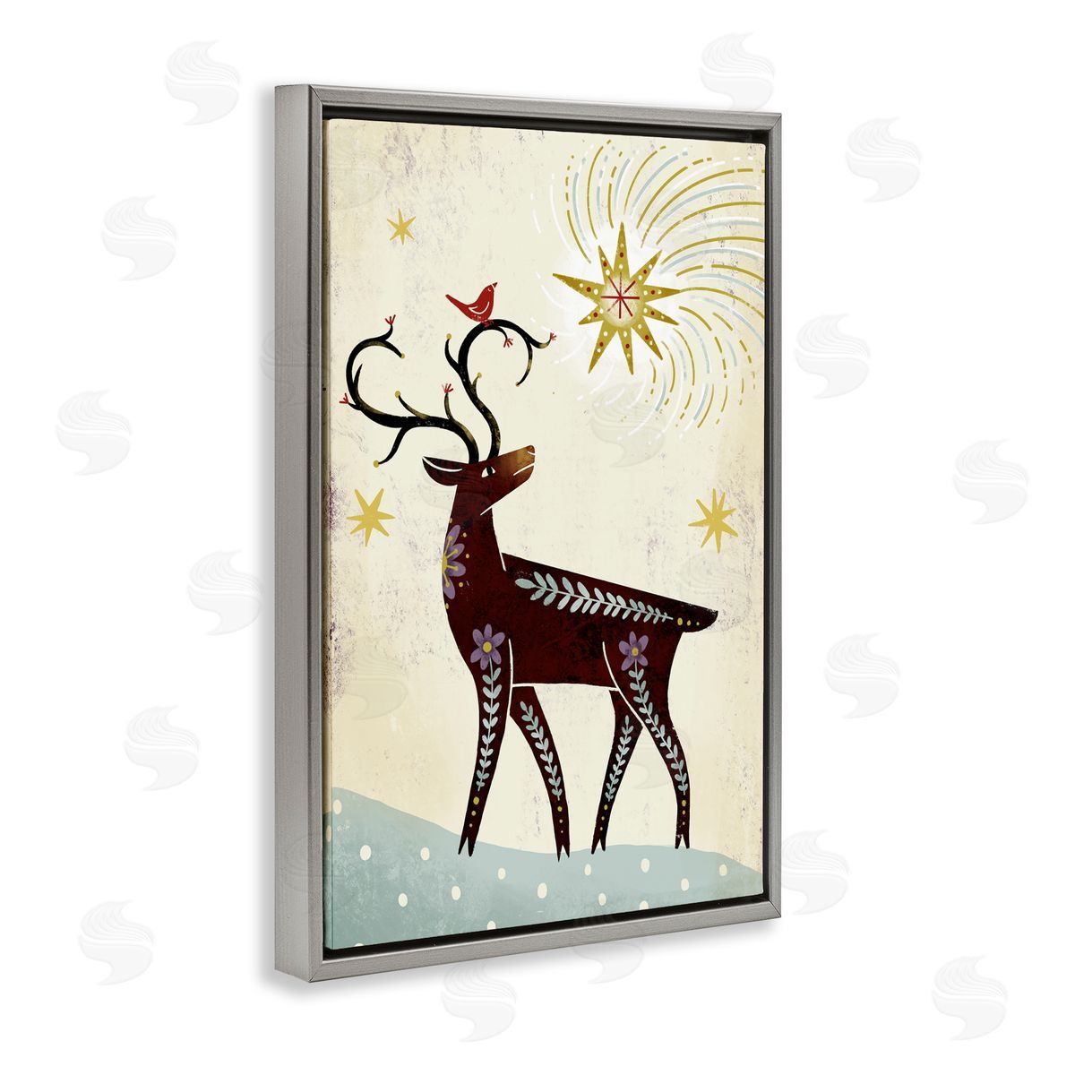 Rustic Winter Deer Grey Floating Frame Canvas Wall Art, Home Decor by Hannah Moren