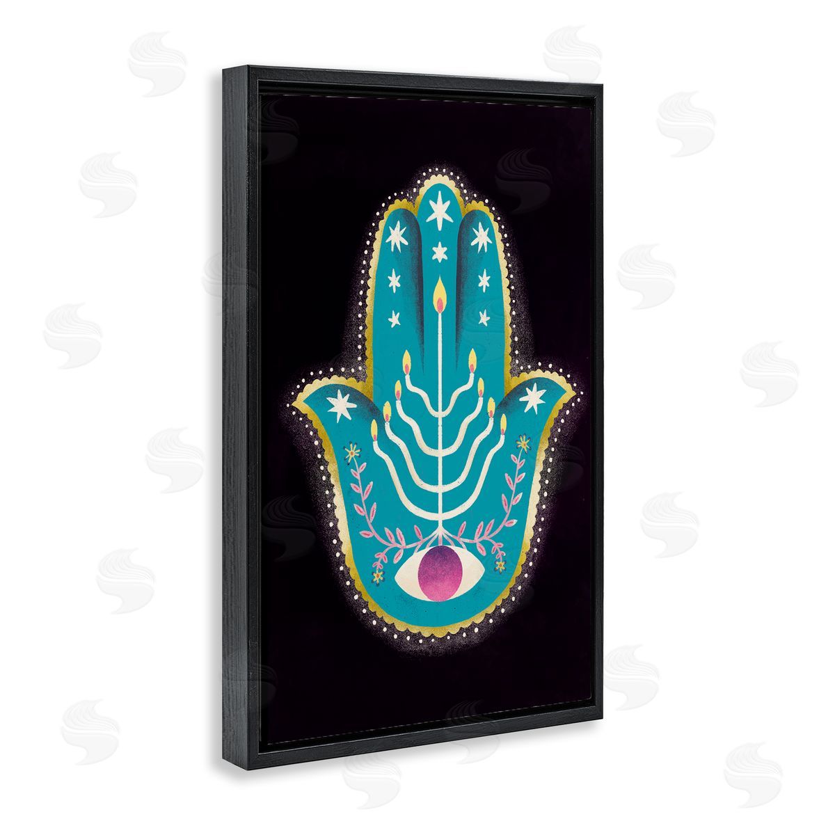 Spiritual Folk Style Hamsa Black Floating Frame Canvas Wall Art, Home Decor by Hannah Moren