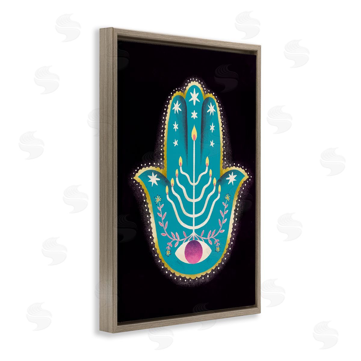 Spiritual Folk Style Hamsa Brown Floating Frame Canvas Wall Art, Home Decor by Hannah Moren