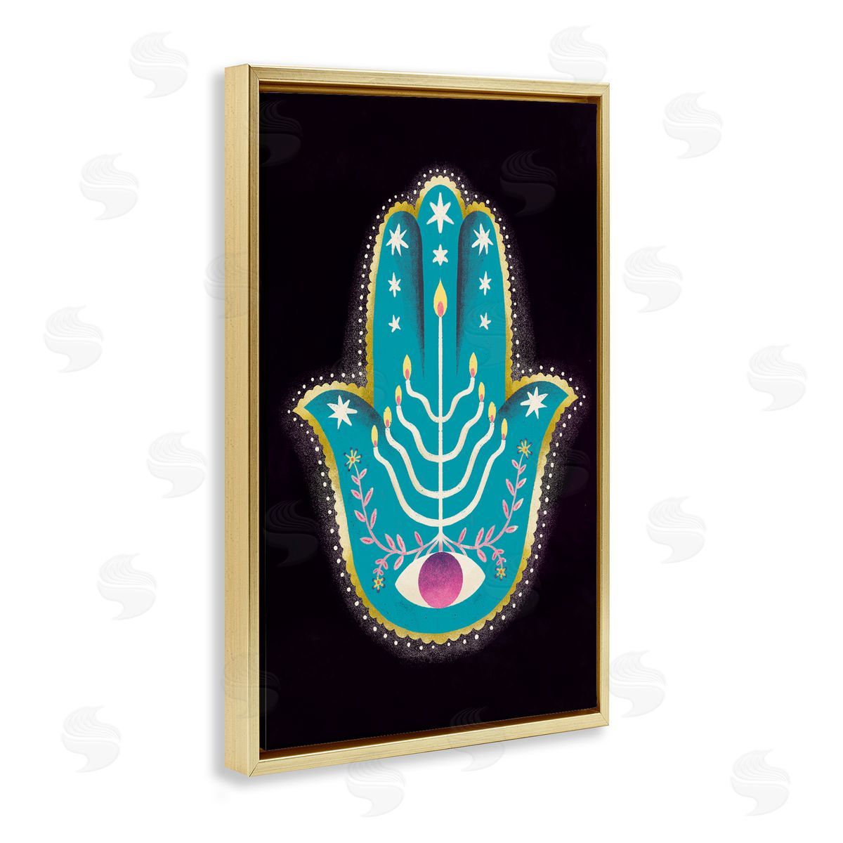 Spiritual Folk Style Hamsa Gold Floating Frame Canvas Wall Art, Home Decor by Hannah Moren