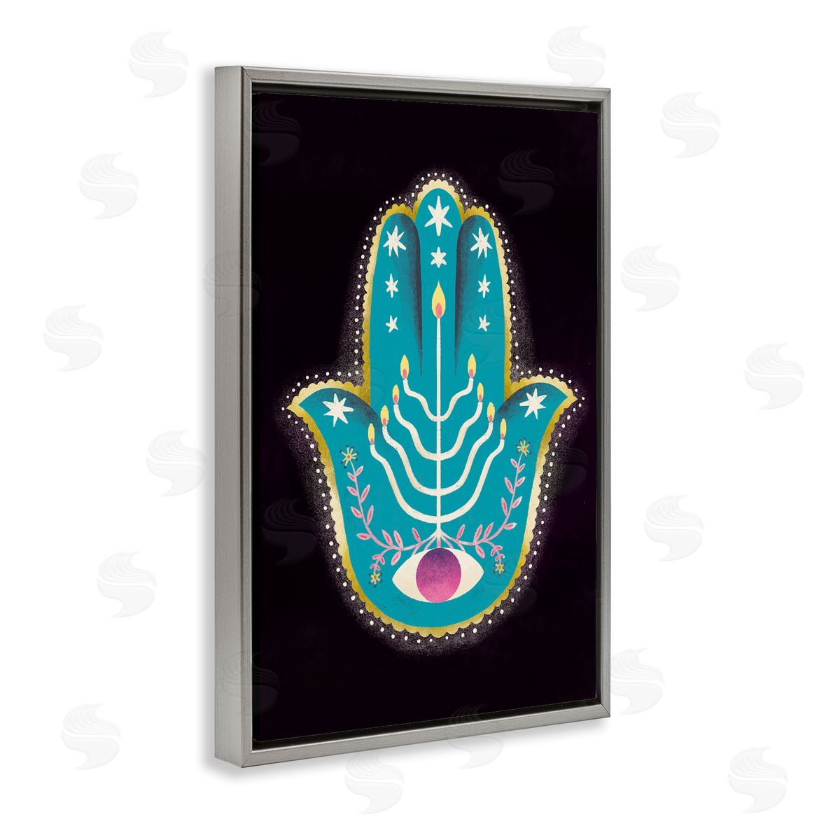 Spiritual Folk Style Hamsa Grey Floating Frame Canvas Wall Art, Home Decor by Hannah Moren