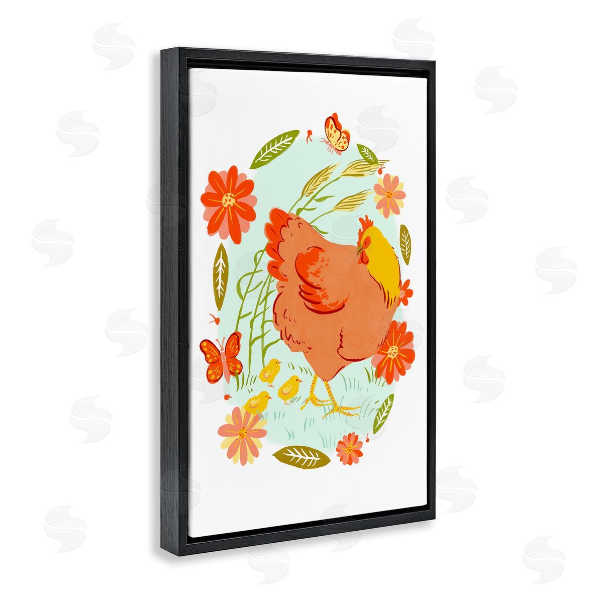 Hen & Chicks Circular Florals Black Floating Frame Canvas Wall Art, Home Decor by Hannah Moren