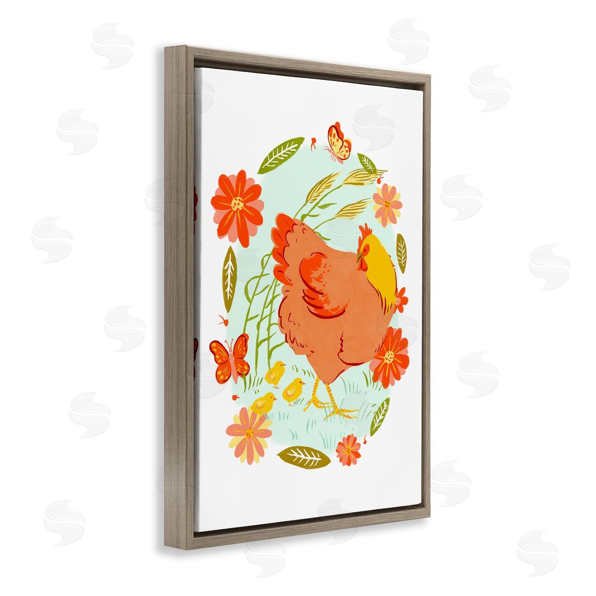 Hen & Chicks Circular Florals Brown Floating Frame Canvas Wall Art, Home Decor by Hannah Moren
