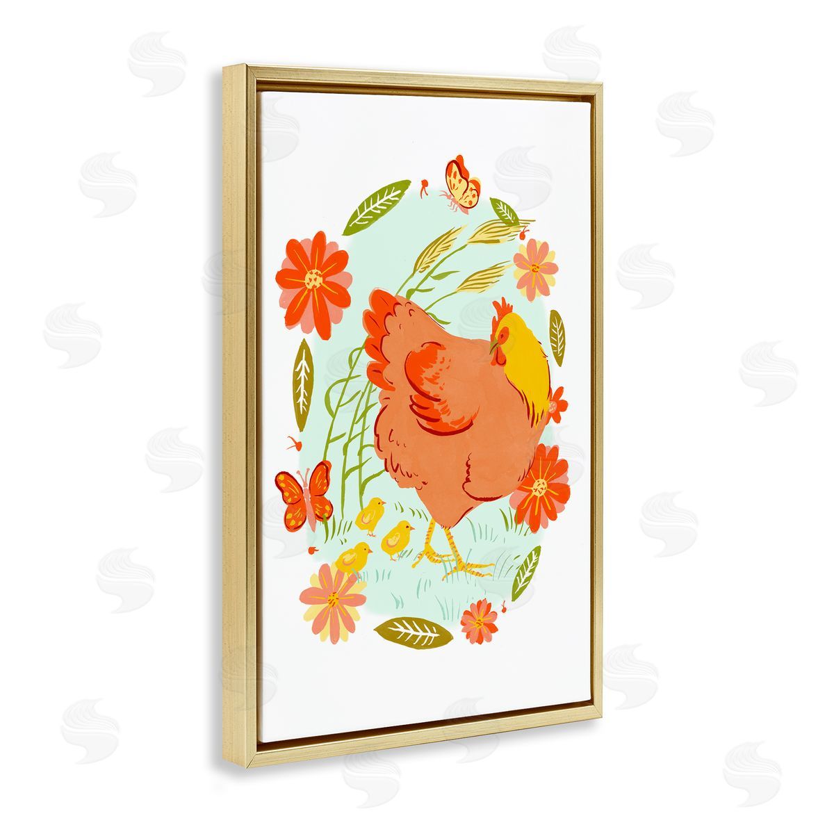 Hen & Chicks Circular Florals Gold Floating Frame Canvas Wall Art, Home Decor by Hannah Moren