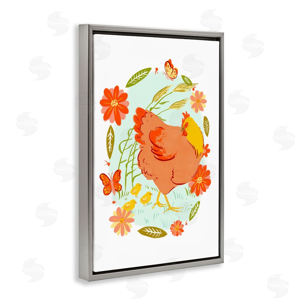 Hen & Chicks Circular Florals Grey Floating Frame Canvas Wall Art, Home Decor by Hannah Moren