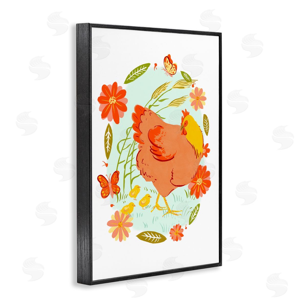 Hen & Chicks Circular Florals Black Frame Print Wall Art, Home Decor by Hannah Moren