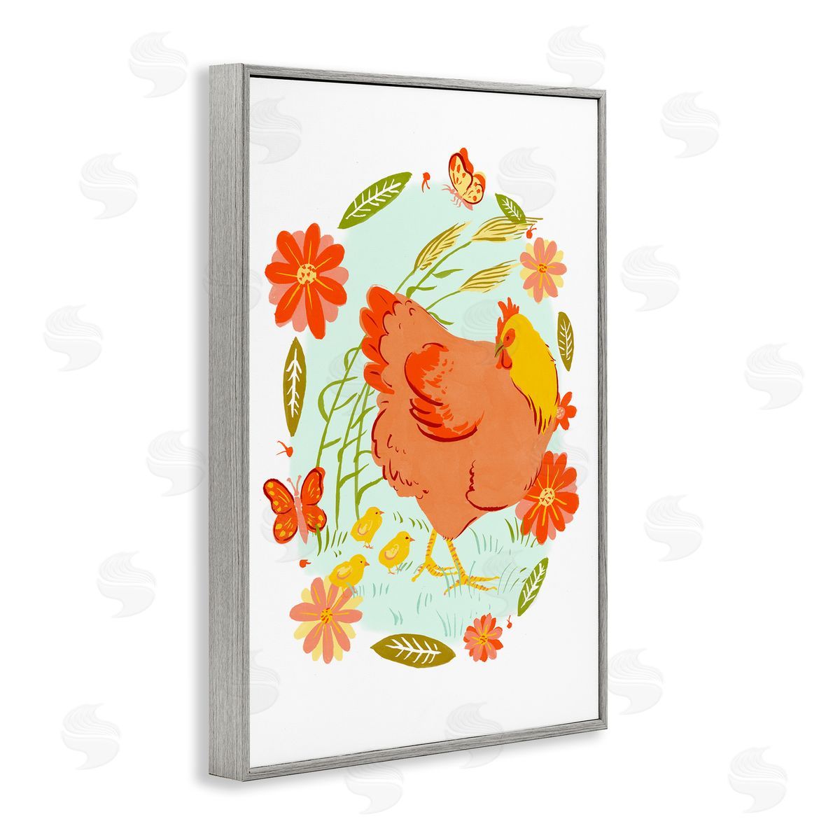 Hen & Chicks Circular Florals Grey Frame Print Wall Art, Home Decor by Hannah Moren