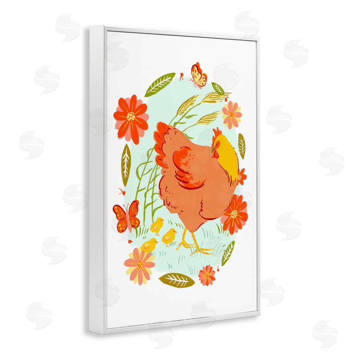 Hen & Chicks Circular Florals White Frame Print Wall Art, Home Decor by Hannah Moren