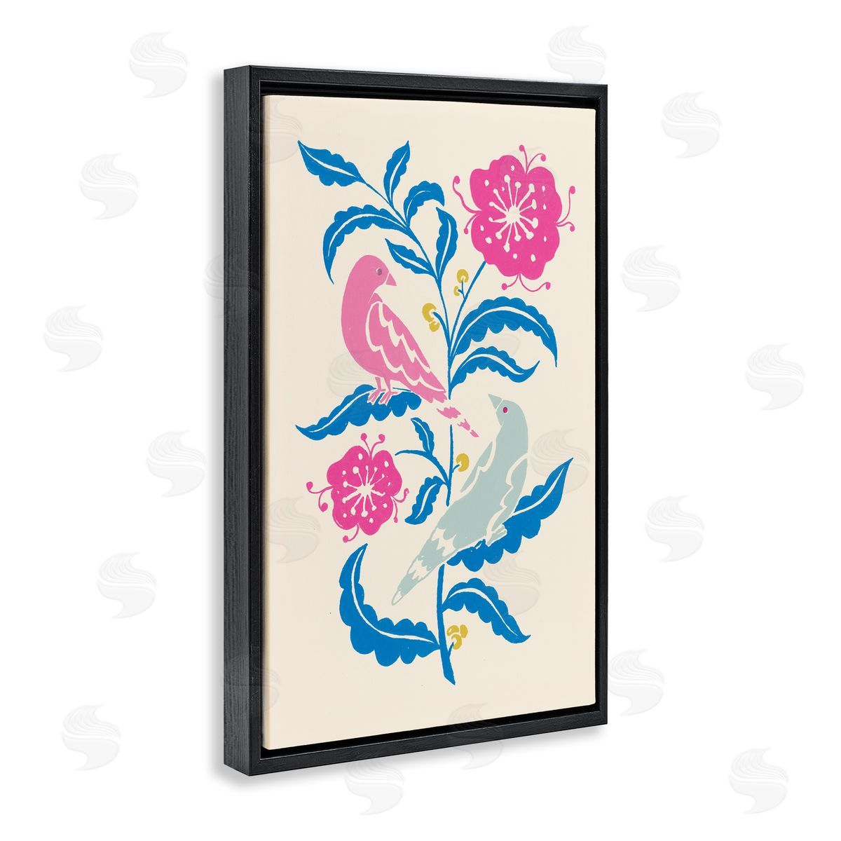 Minimal Bird Couple on Leaves Black Floating Frame Canvas Wall Art, Home Decor by Hannah Moren