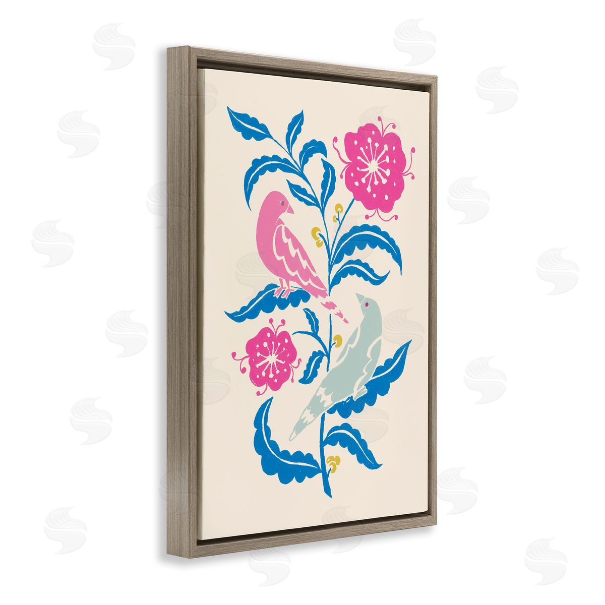 Minimal Bird Couple on Leaves Brown Floating Frame Canvas Wall Art, Home Decor by Hannah Moren