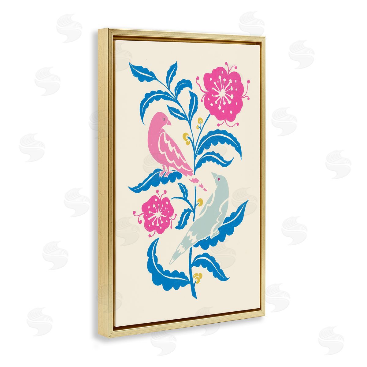 Minimal Bird Couple on Leaves Gold Floating Frame Canvas Wall Art, Home Decor by Hannah Moren