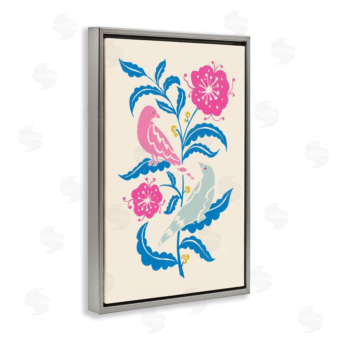 Minimal Bird Couple on Leaves Grey Floating Frame Canvas Wall Art, Home Decor by Hannah Moren