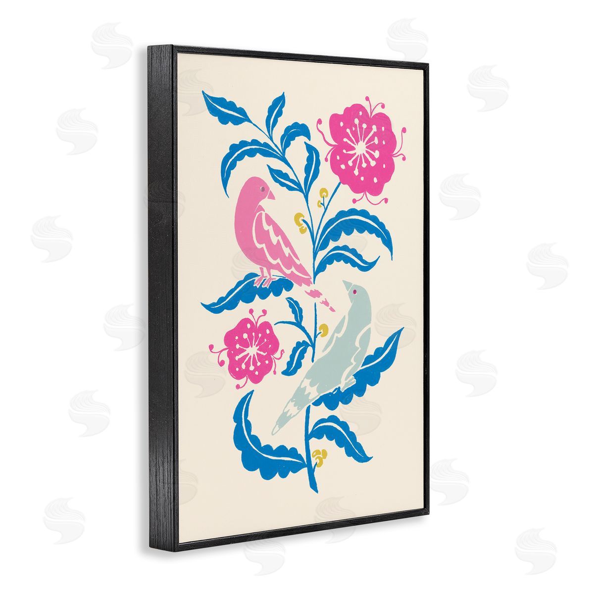 Minimal Bird Couple on Leaves Black Frame Print Wall Art, Home Decor by Hannah Moren