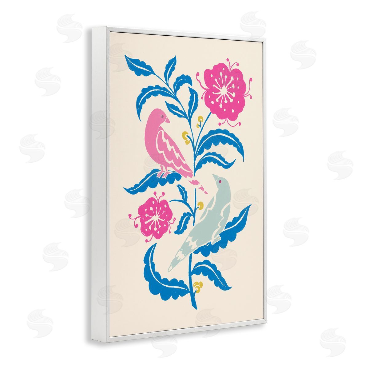 Minimal Bird Couple on Leaves White Frame Print Wall Art, Home Decor by Hannah Moren