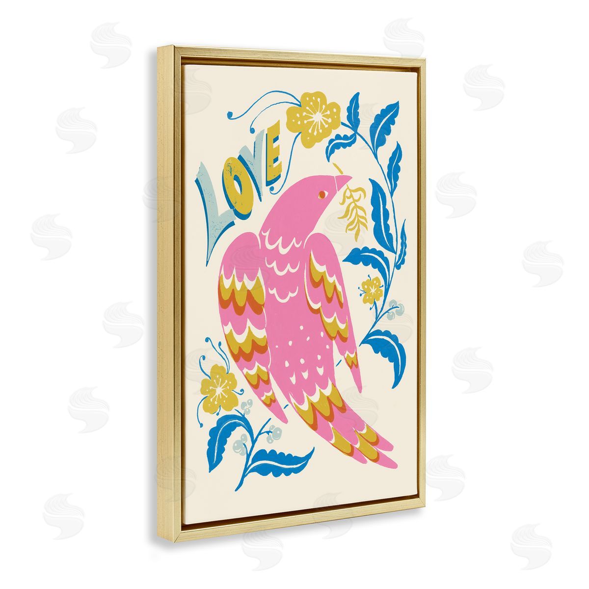 Groovy Folk Love Bird Gold Floating Frame Canvas Wall Art, Home Decor by Hannah Moren