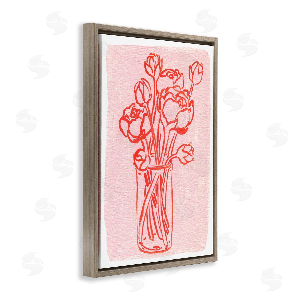 Outlined Peony Vase Brown Floating Frame Canvas Wall Art, Home Decor by Hannah Moren