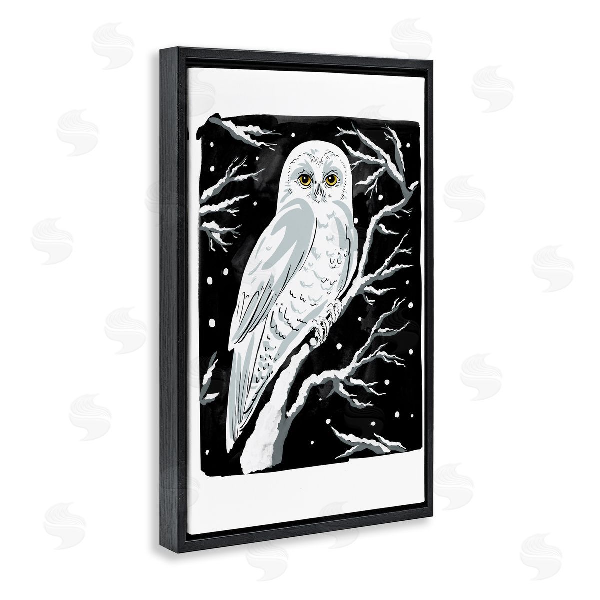 Forest Owl & Calm Snowfall Black Floating Frame Canvas Wall Art, Home Decor by Hannah Moren