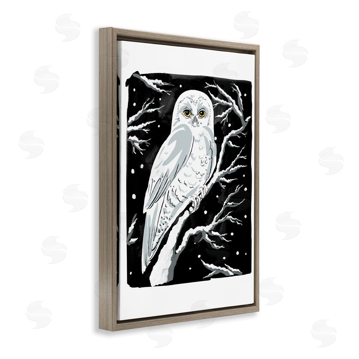 Forest Owl & Calm Snowfall Brown Floating Frame Canvas Wall Art, Home Decor by Hannah Moren