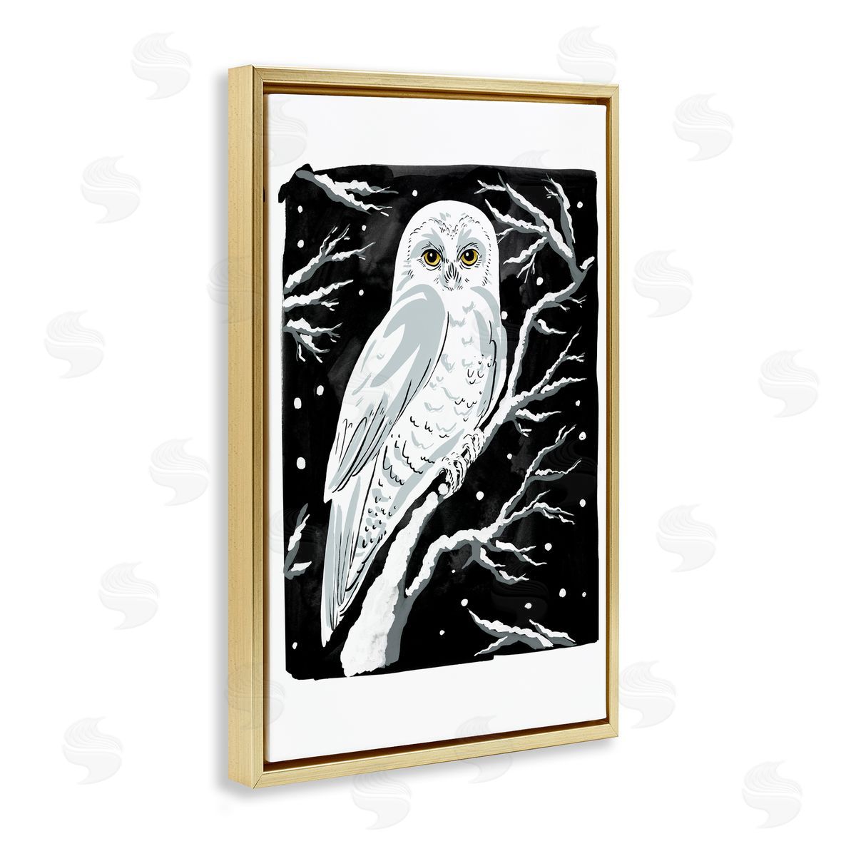 Forest Owl & Calm Snowfall Gold Floating Frame Canvas Wall Art, Home Decor by Hannah Moren