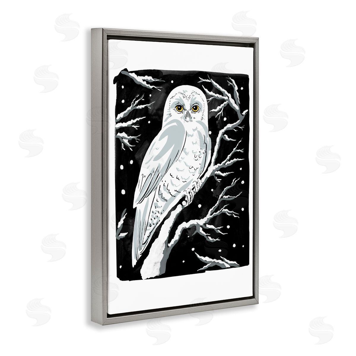 Forest Owl & Calm Snowfall Grey Floating Frame Canvas Wall Art, Home Decor by Hannah Moren