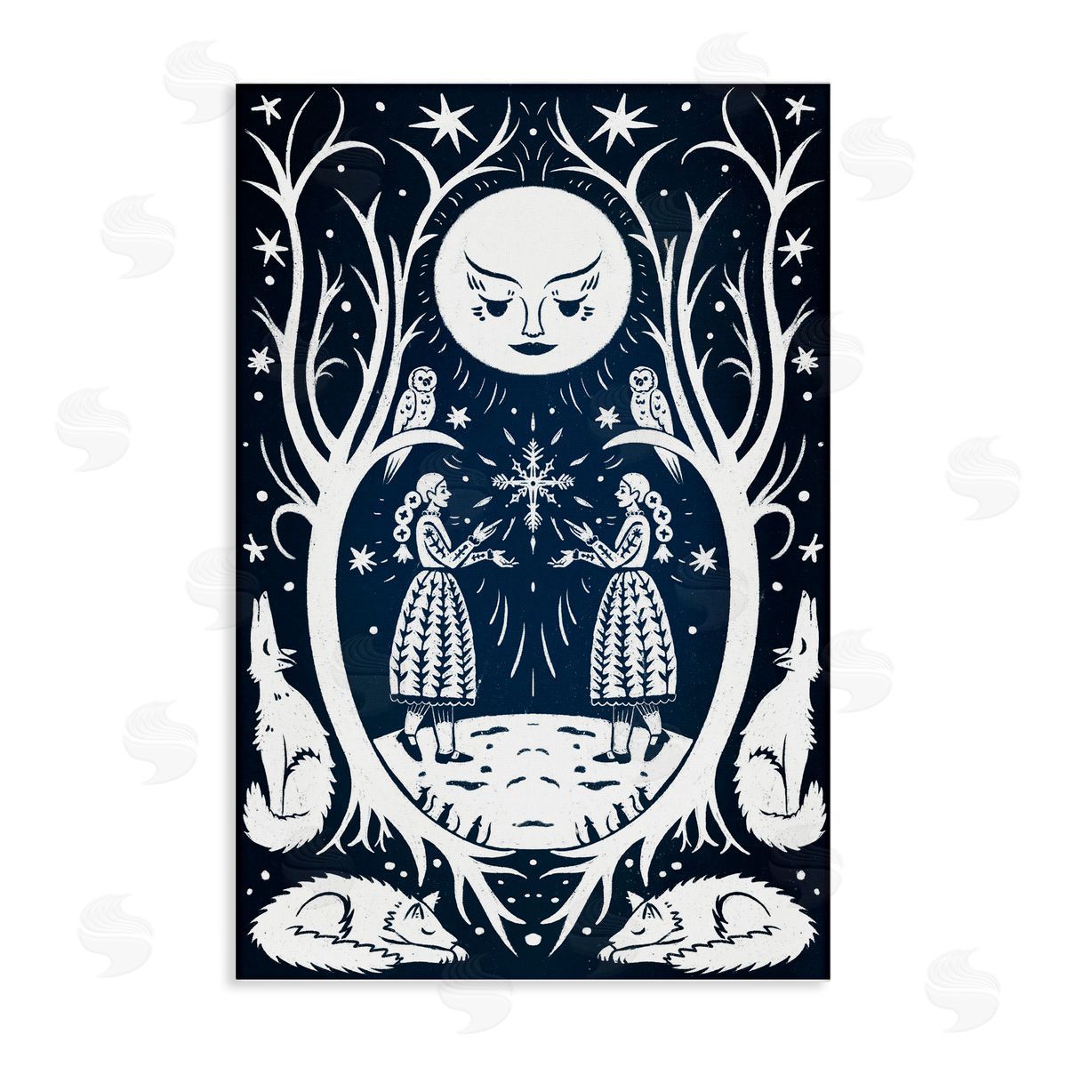 Woodland Folk Girls with Moon Canvas Wall Art, Home Decor by Hannah Moren