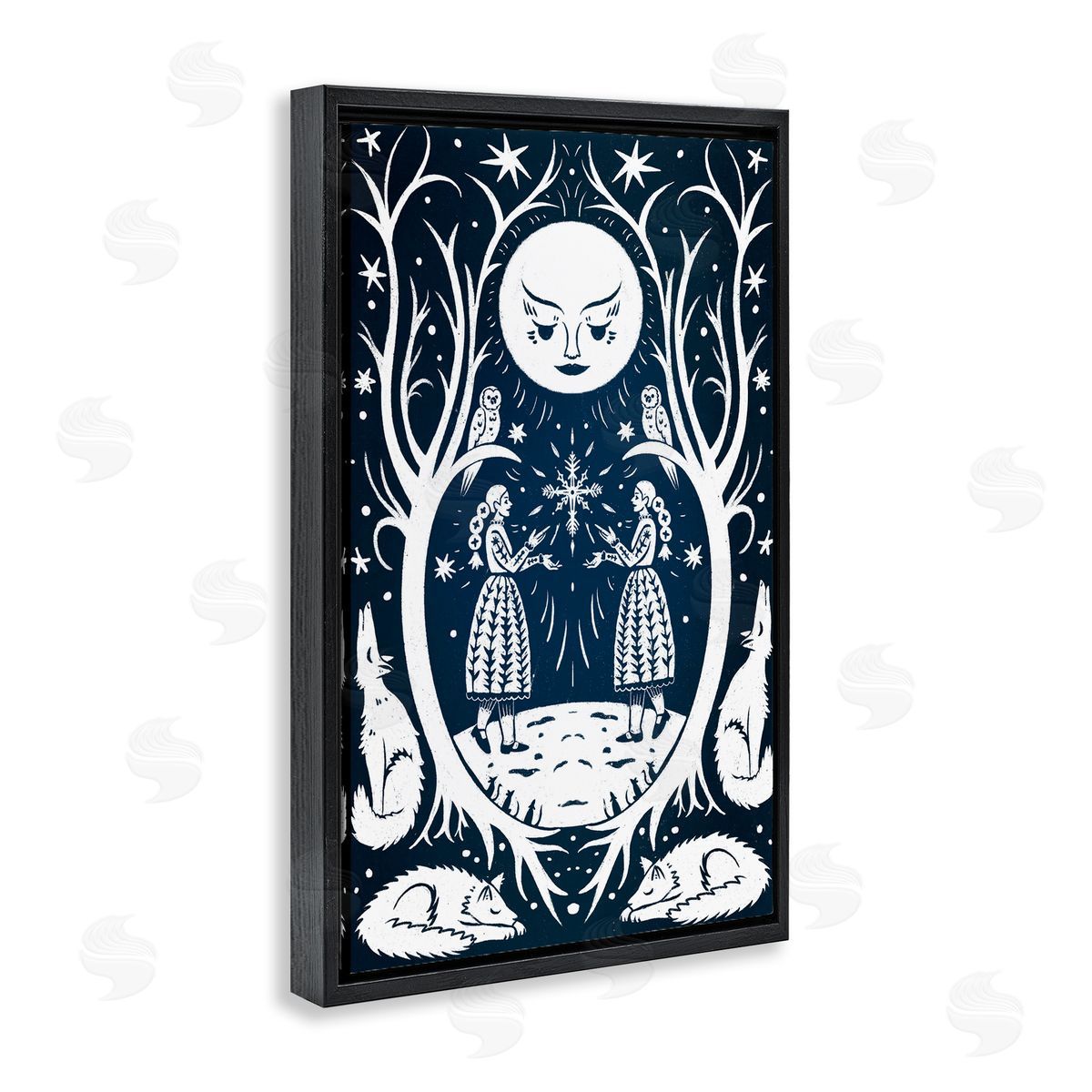 Woodland Folk Girls with Moon Black Floating Frame Canvas Wall Art, Home Decor by Hannah Moren
