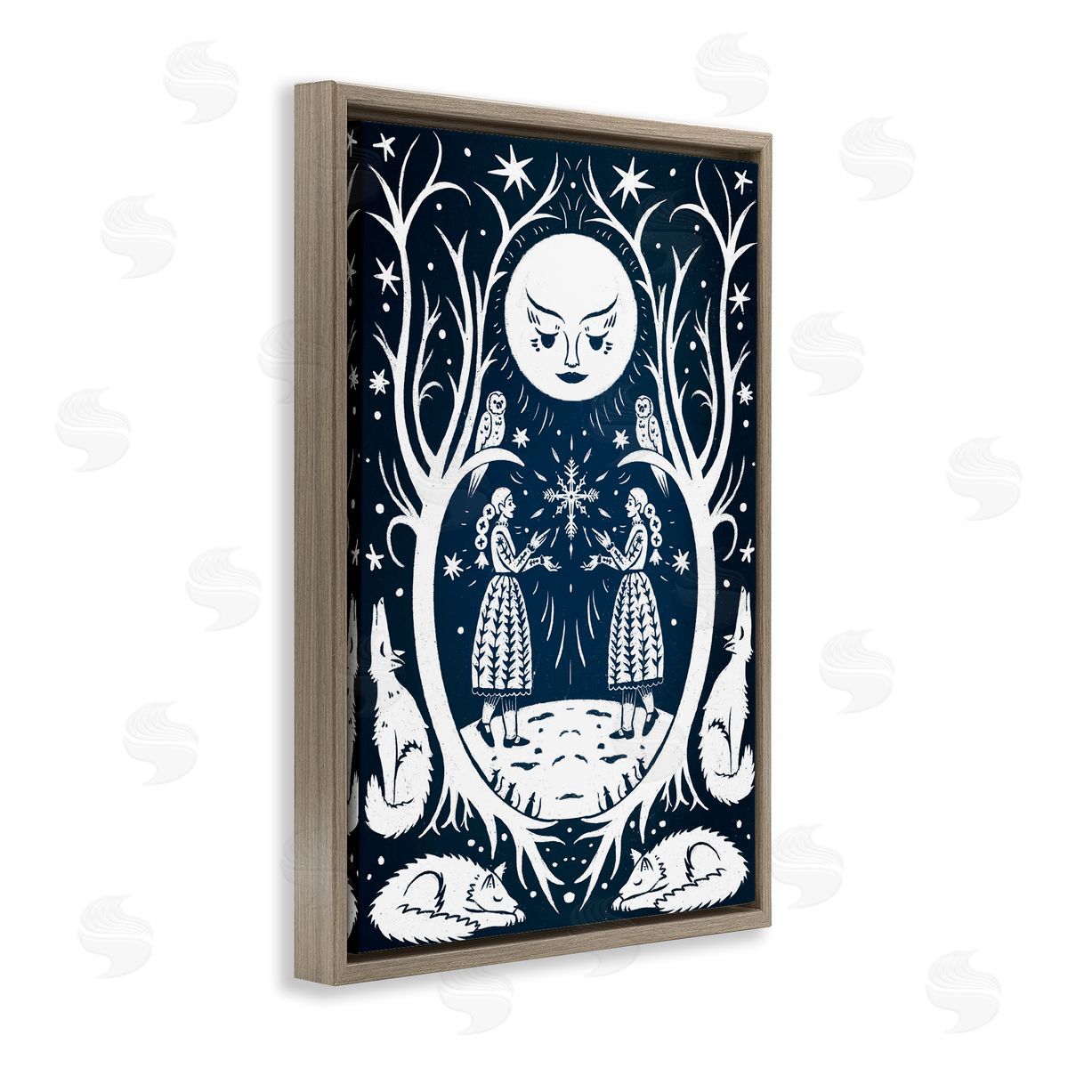 Woodland Folk Girls with Moon Brown Floating Frame Canvas Wall Art, Home Decor by Hannah Moren