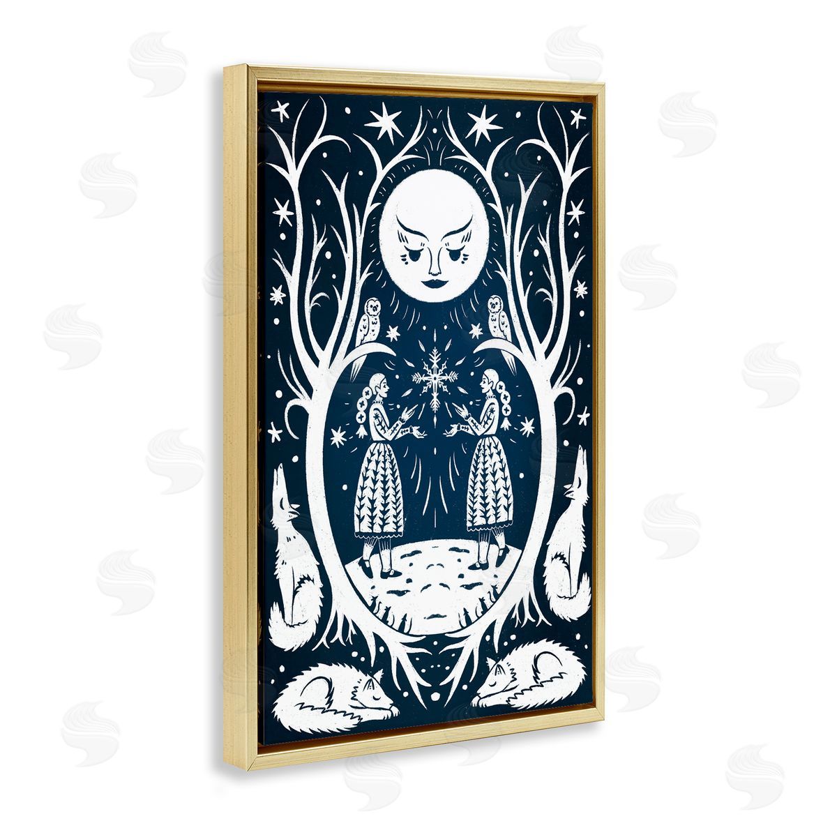 Woodland Folk Girls with Moon Gold Floating Frame Canvas Wall Art, Home Decor by Hannah Moren