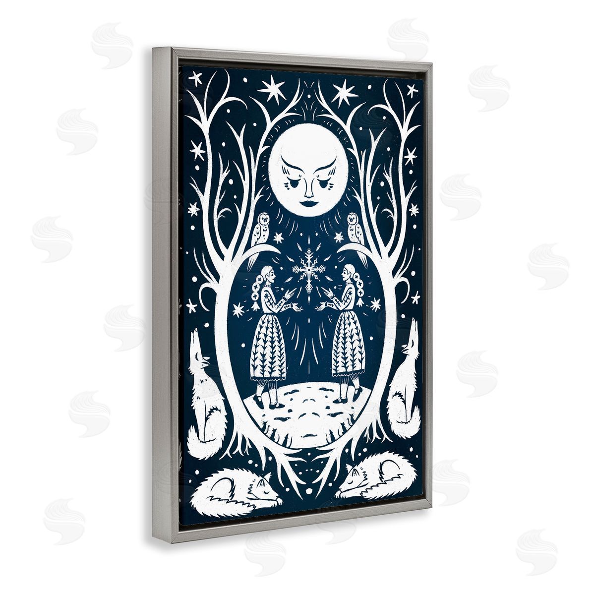 Woodland Folk Girls with Moon Grey Floating Frame Canvas Wall Art, Home Decor by Hannah Moren