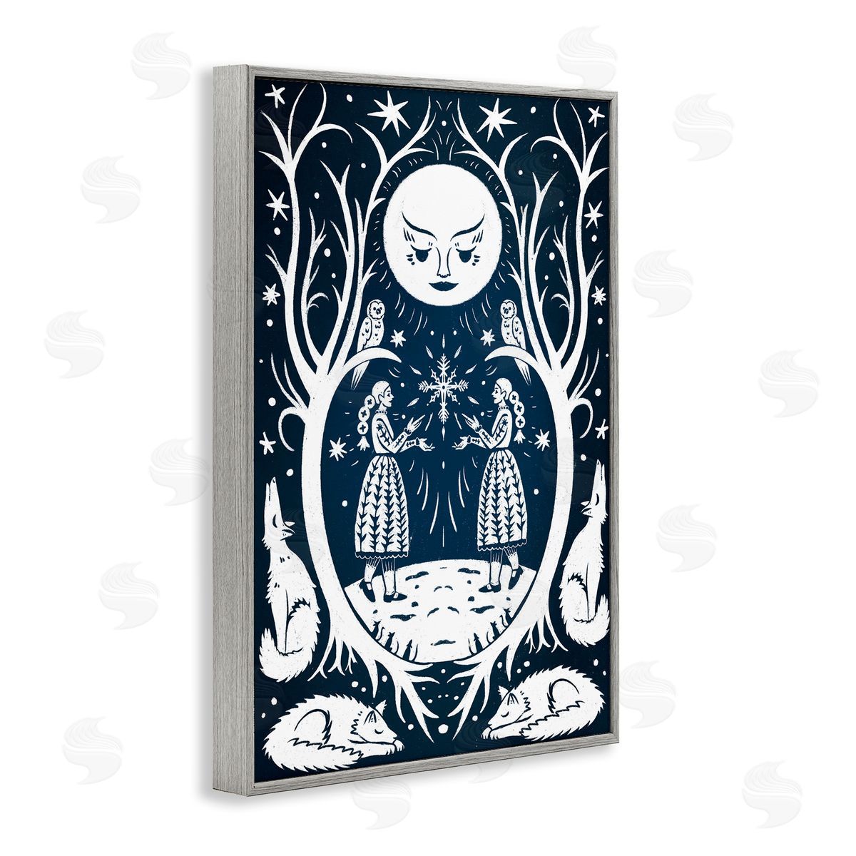 Woodland Folk Girls with Moon Grey Frame Print Wall Art, Home Decor by Hannah Moren