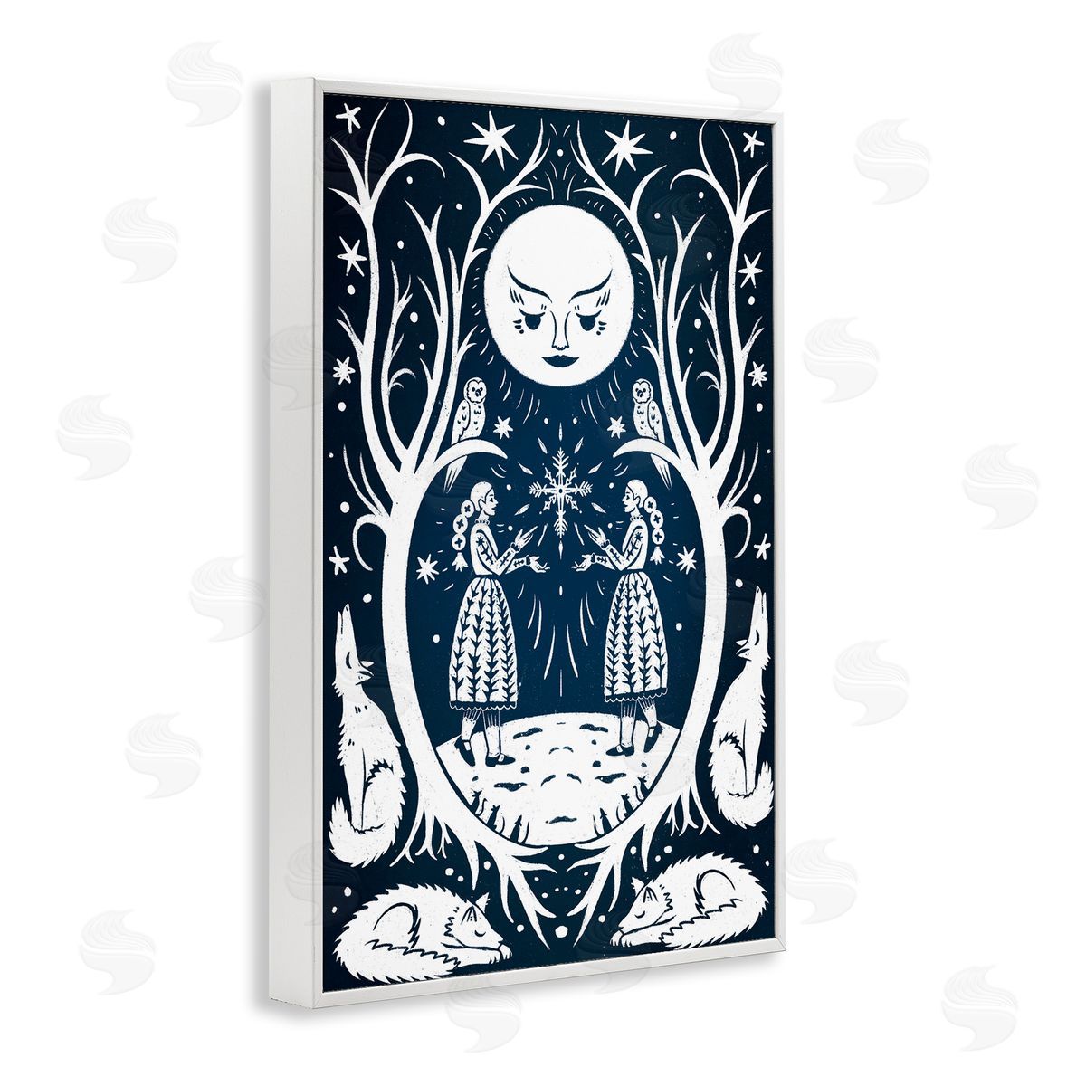 Woodland Folk Girls with Moon White Frame Print Wall Art, Home Decor by Hannah Moren