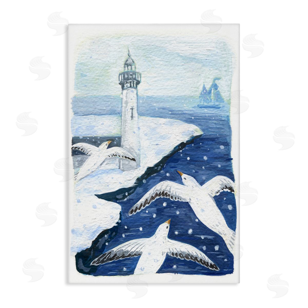 Snowy Winter Harbor Birds Canvas Wall Art, Home Decor by Hannah Moren