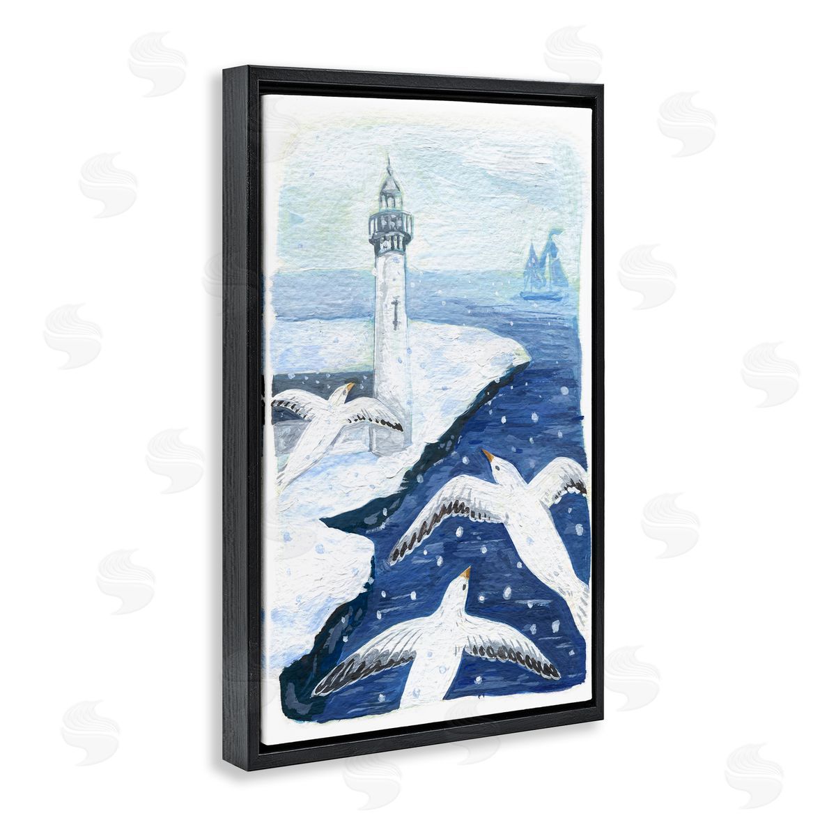 Snowy Winter Harbor Birds Black Floating Frame Canvas Wall Art, Home Decor by Hannah Moren