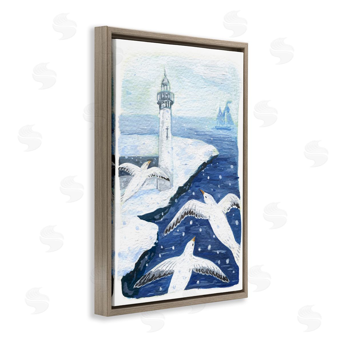 Snowy Winter Harbor Birds Brown Floating Frame Canvas Wall Art, Home Decor by Hannah Moren