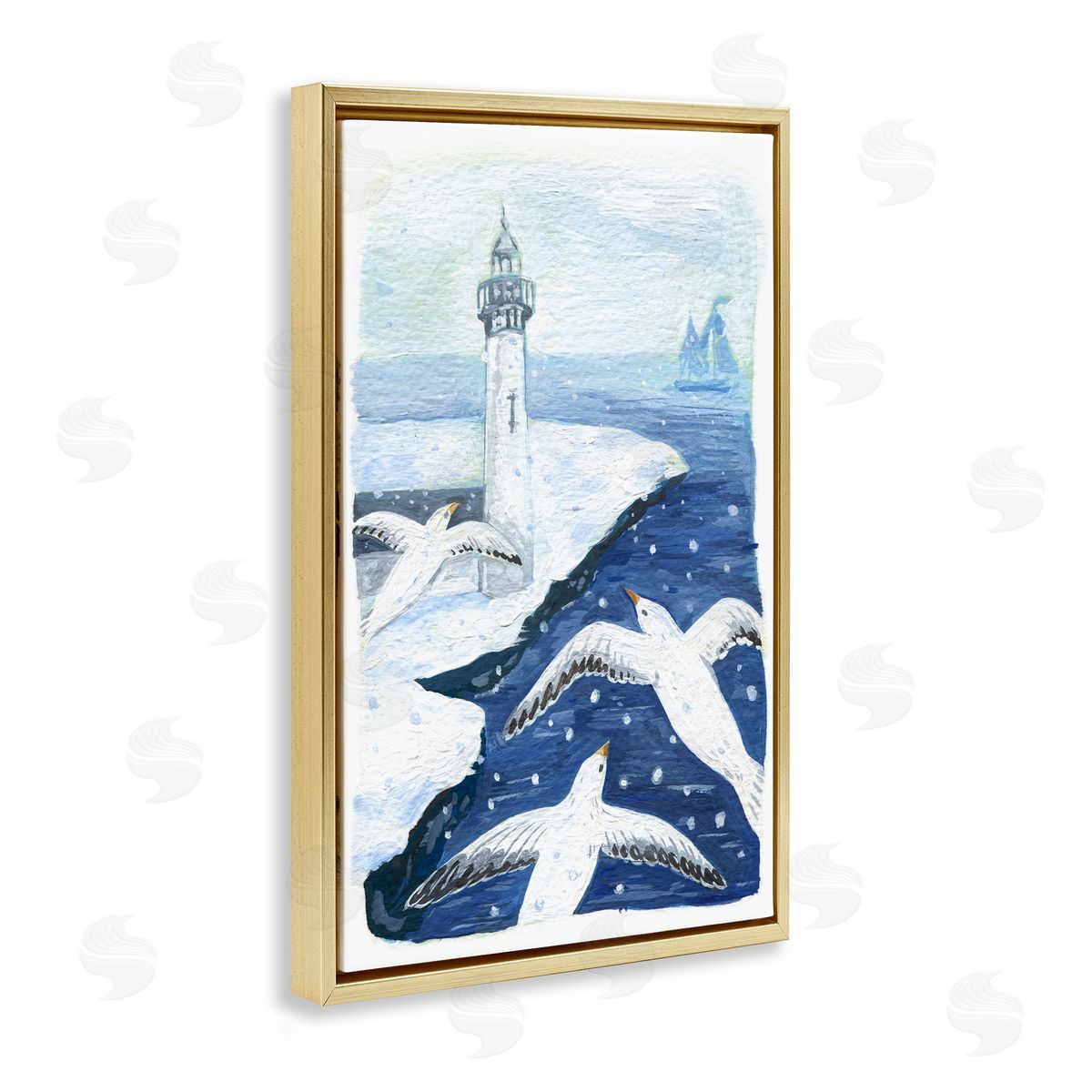 Snowy Winter Harbor Birds Gold Floating Frame Canvas Wall Art, Home Decor by Hannah Moren