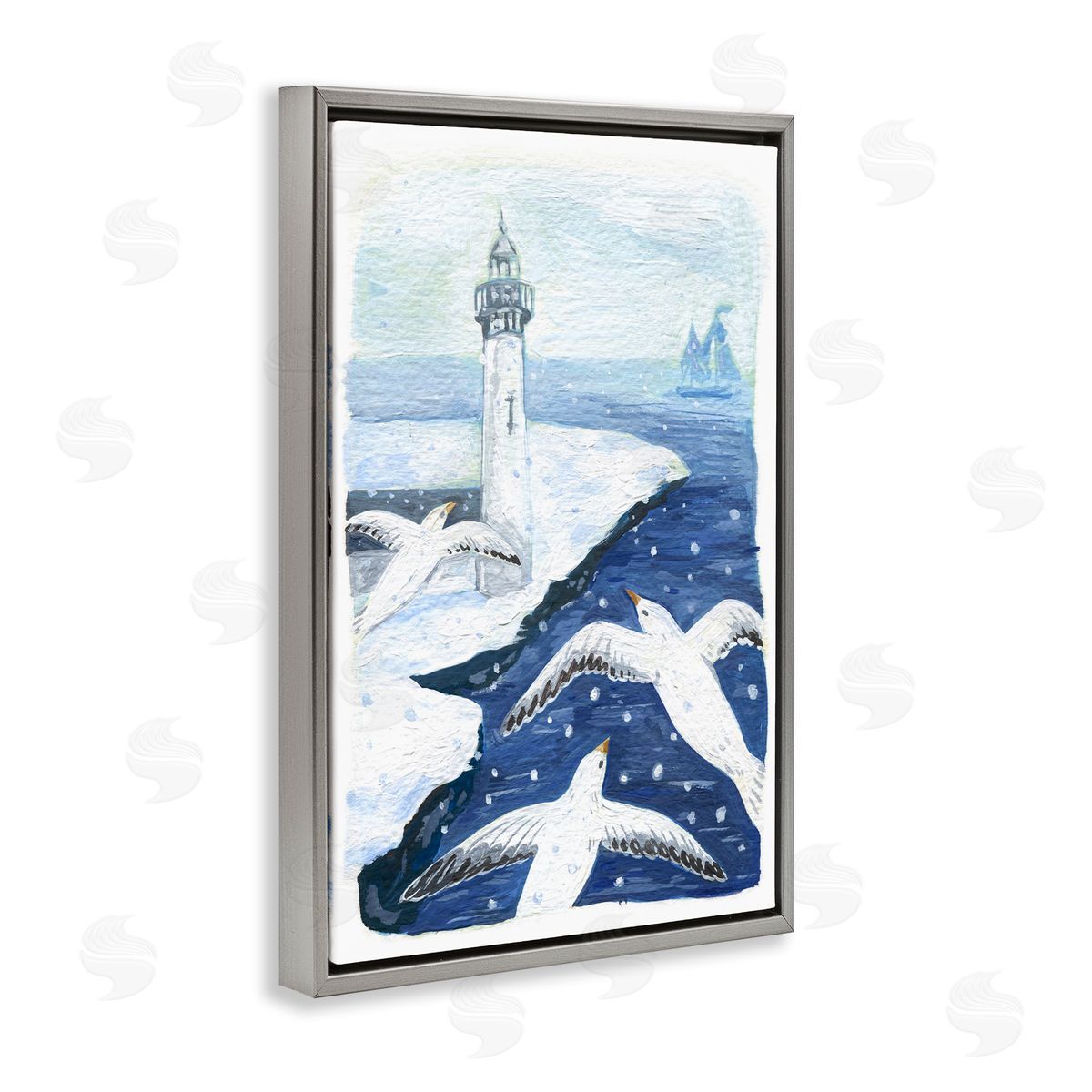 Snowy Winter Harbor Birds Grey Floating Frame Canvas Wall Art, Home Decor by Hannah Moren