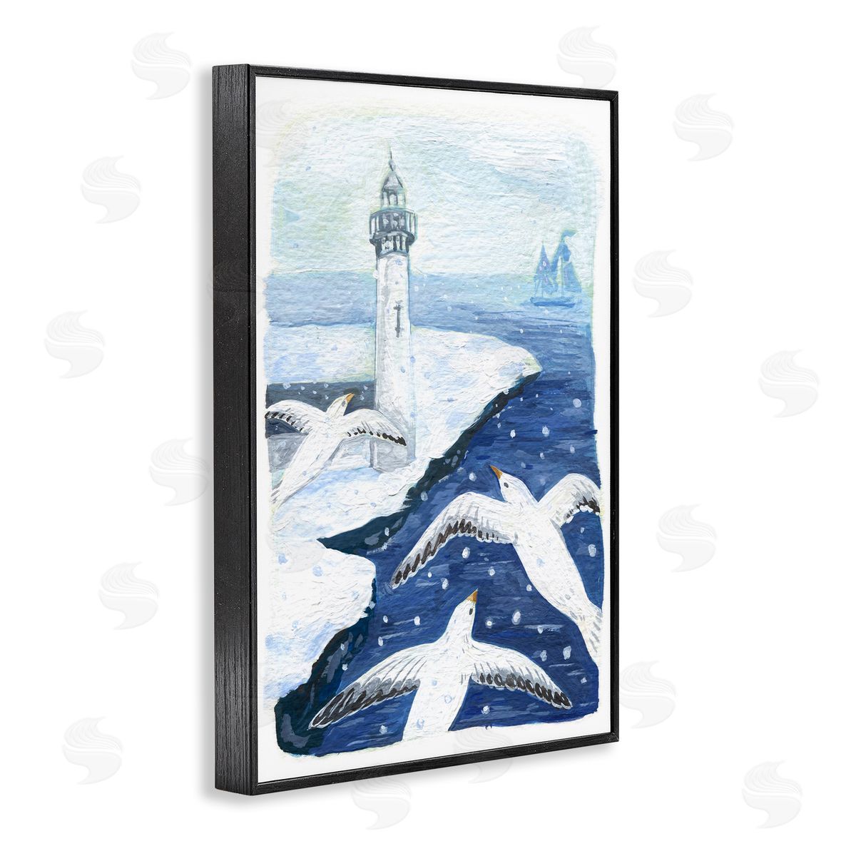 Snowy Winter Harbor Birds Black Frame Print Wall Art, Home Decor by Hannah Moren