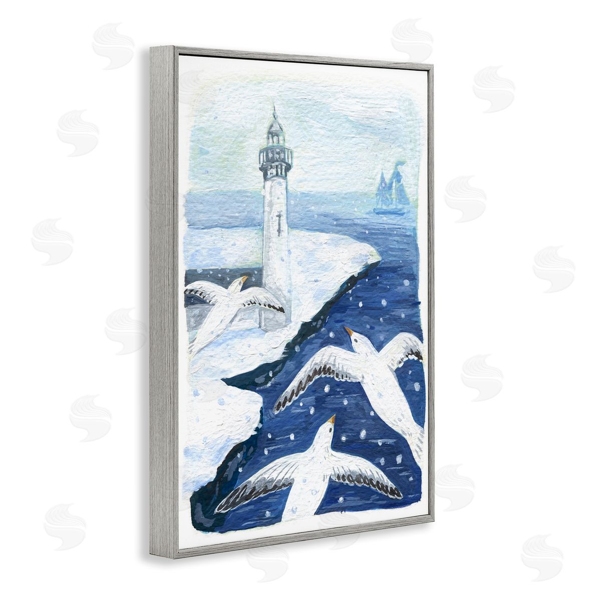Snowy Winter Harbor Birds Grey Frame Print Wall Art, Home Decor by Hannah Moren