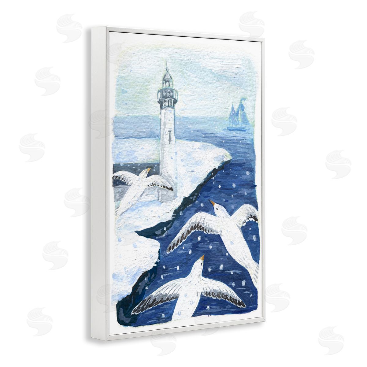 Snowy Winter Harbor Birds White Frame Print Wall Art, Home Decor by Hannah Moren