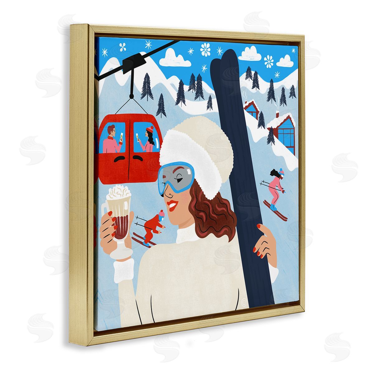 Sipping Cocoa on Ski Lift Gold Floating Frame Canvas Wall Art, Home Decor by Carrie Cantwell
